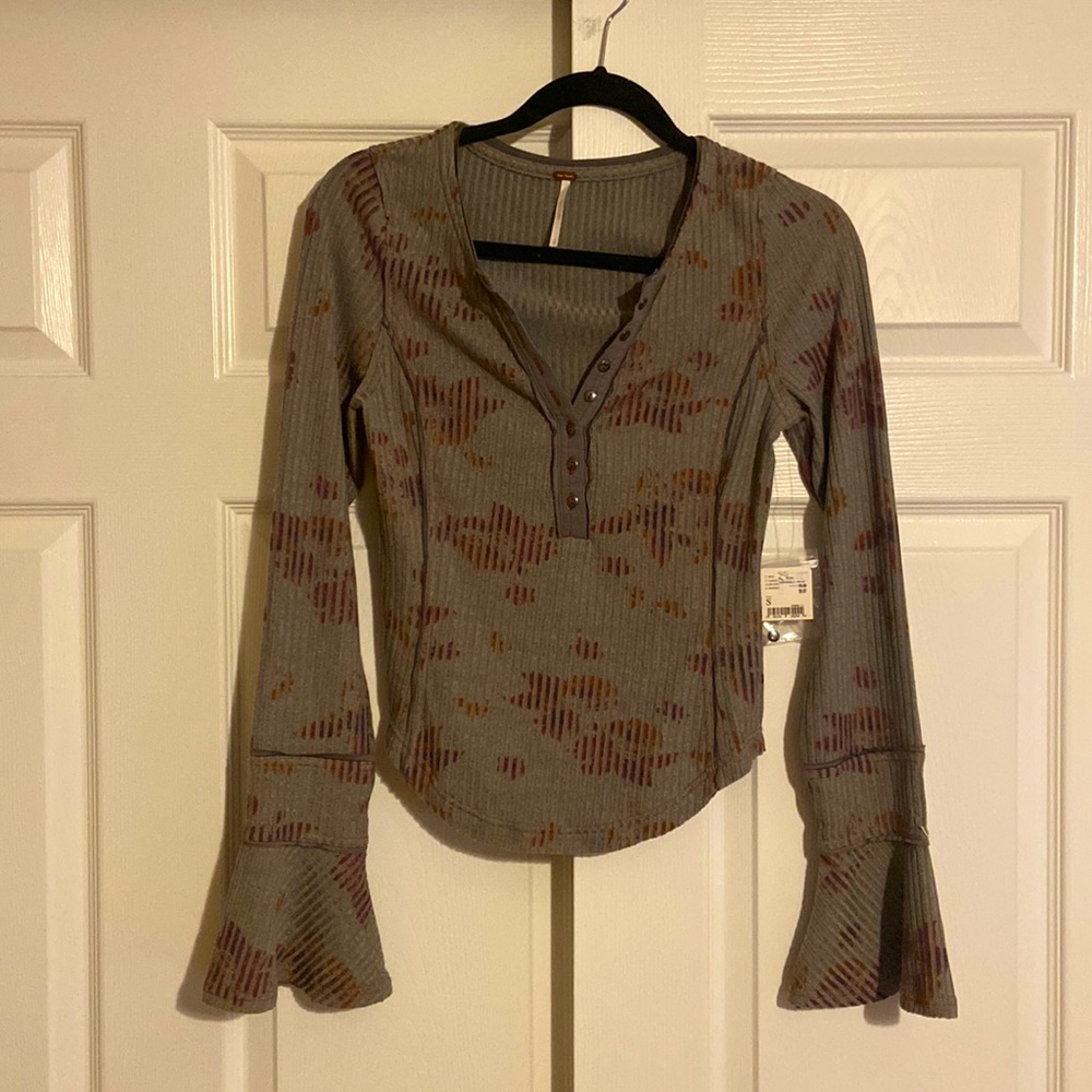 Free People Printed Rib Bell Sleeve Top